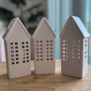 Set of Three White Ceramic House Lanterns